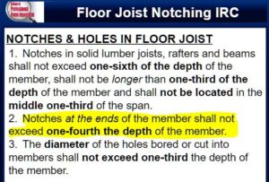 Notches in floor joists may occur in the top or bottom of the member but may not be located in the middle third of the span. A notch may not exceed one-sixth of the depth of the joist except at the very end where it may be one-fourth of the joist depth.