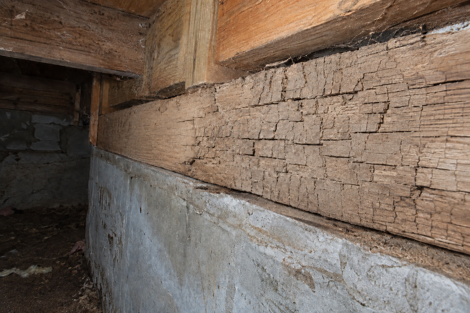 Dry brown-rot decay with cubical cracking in structural crawlspace framing