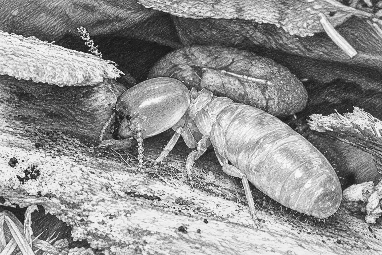 Pencil sketch of a termite among damaged wood fibers